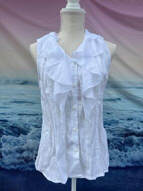100% Linen White Ruffled Sleeveless Button-Front Top